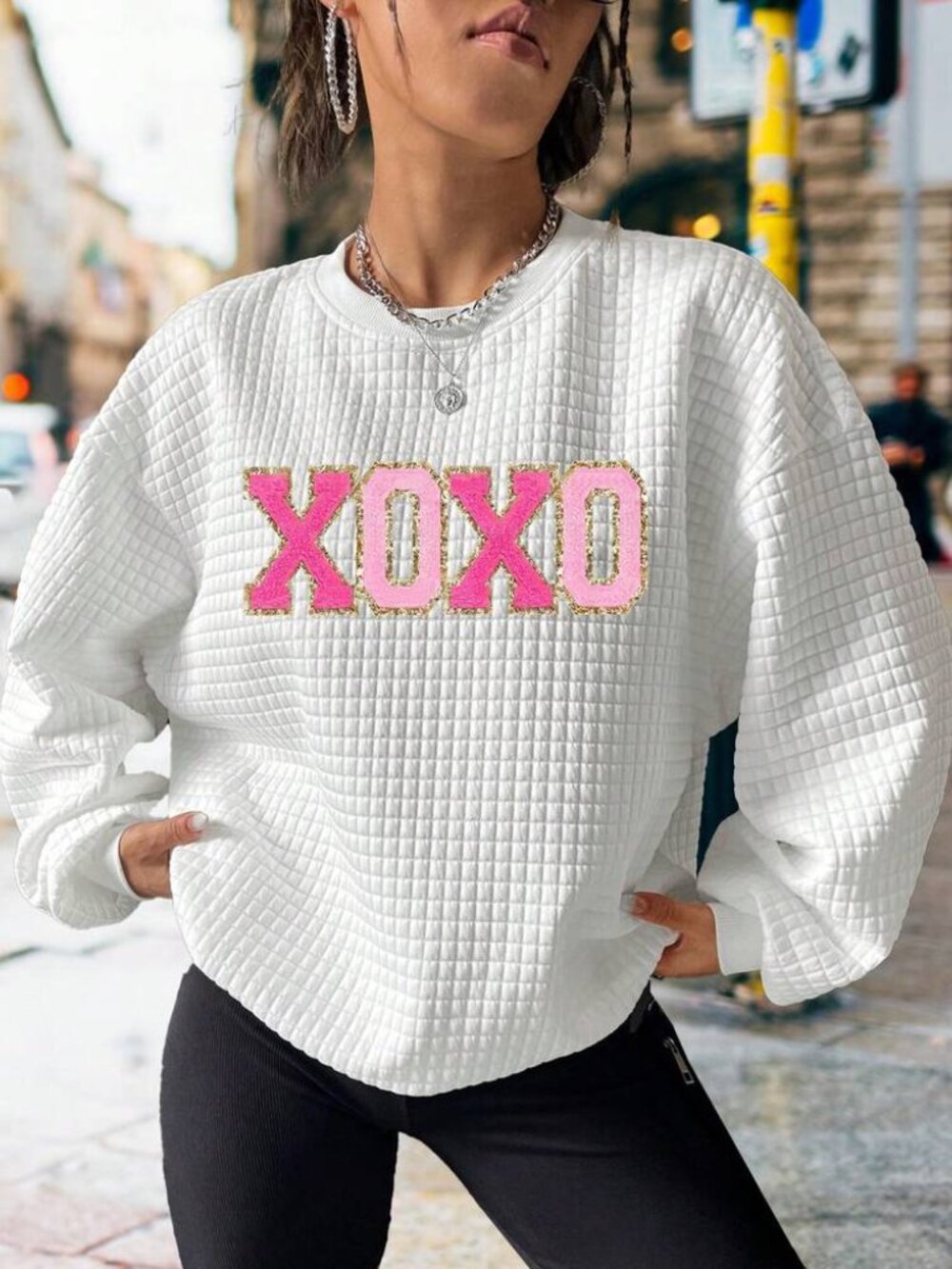 Oversize Waffled Sweatshirt White Pink XOXO Women M